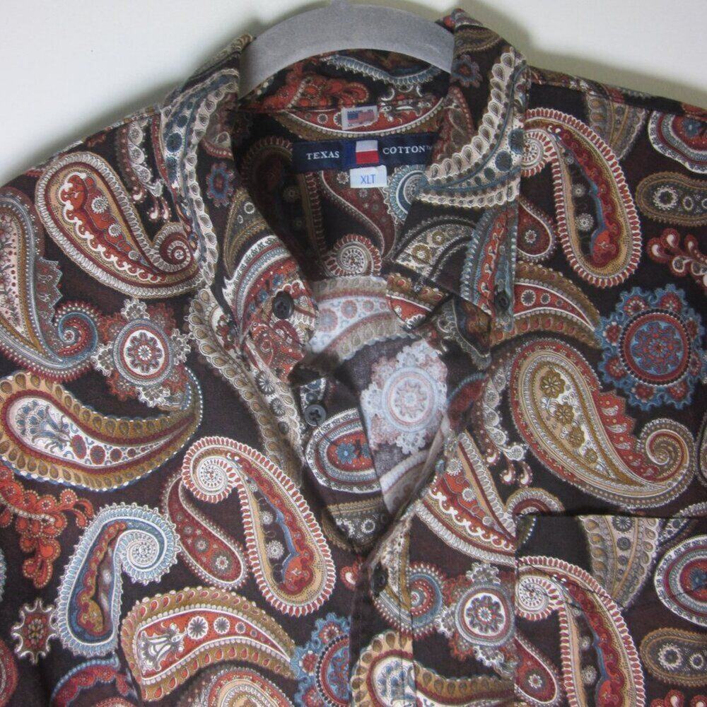 Texas Cotton Mens Size XLT VINTAGE Brown Paisley Button Front Shirt Made in USA
